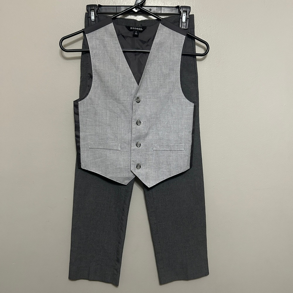George Cat & Jack 2 Piece Vest and Pants Suit Set Kids 8 Grey Glen Plaid Formal